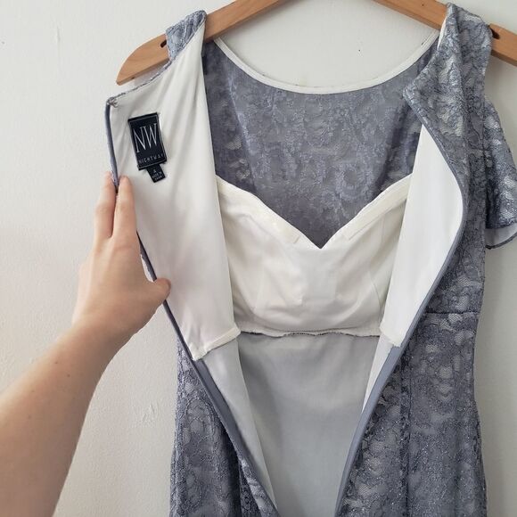 Night Way Silver Lace Evening Gown 4 - Picture 5 of 9